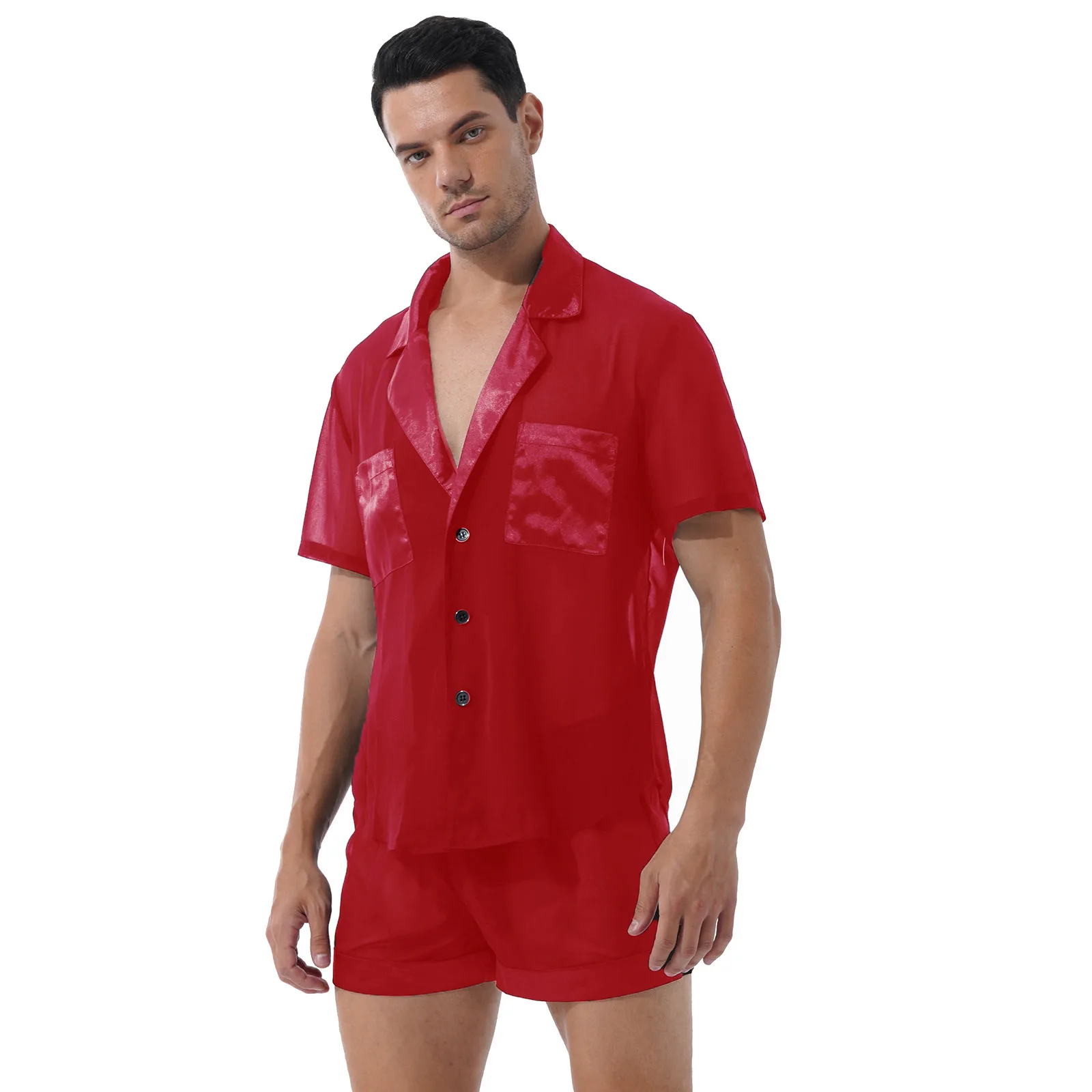 Mens Male Pajama Set See-through Sissy Nightwear Sleepwear Satin Patchwork Chiffon Lapel Short Sleeve Button Tops with Shorts mens pajama pants Men's Sleep & Lounge