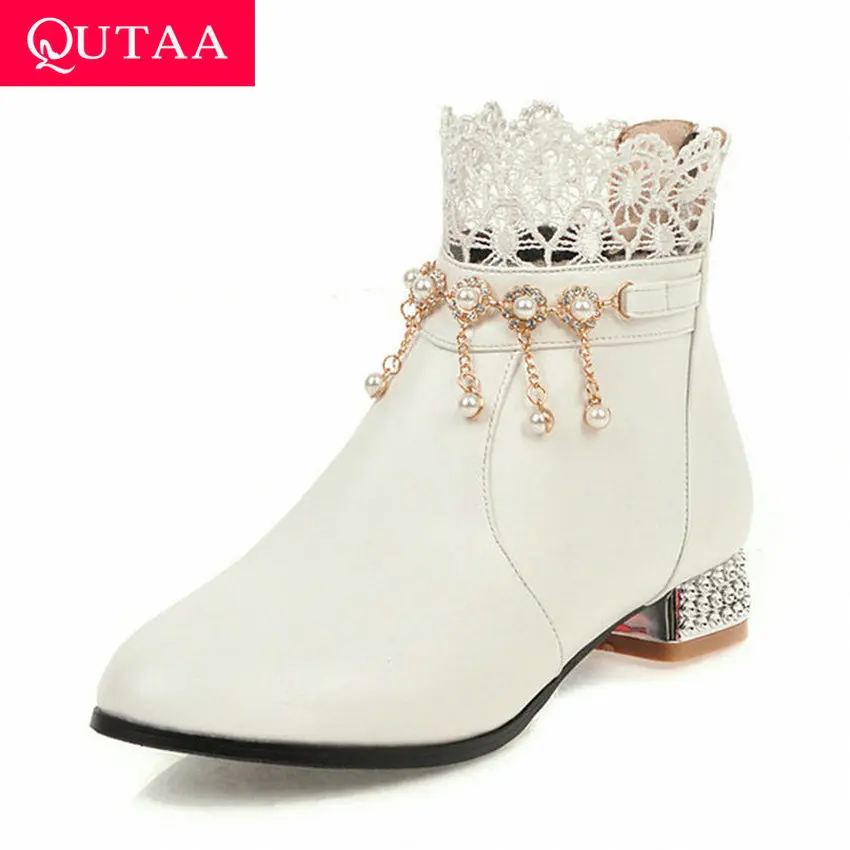 

QUTAA 2020 Round Toe Lace PU Leather Fashion Ankle Boots String Bead Square Low Heel Zipper Autumn Winter Women Shoes Size 34-43