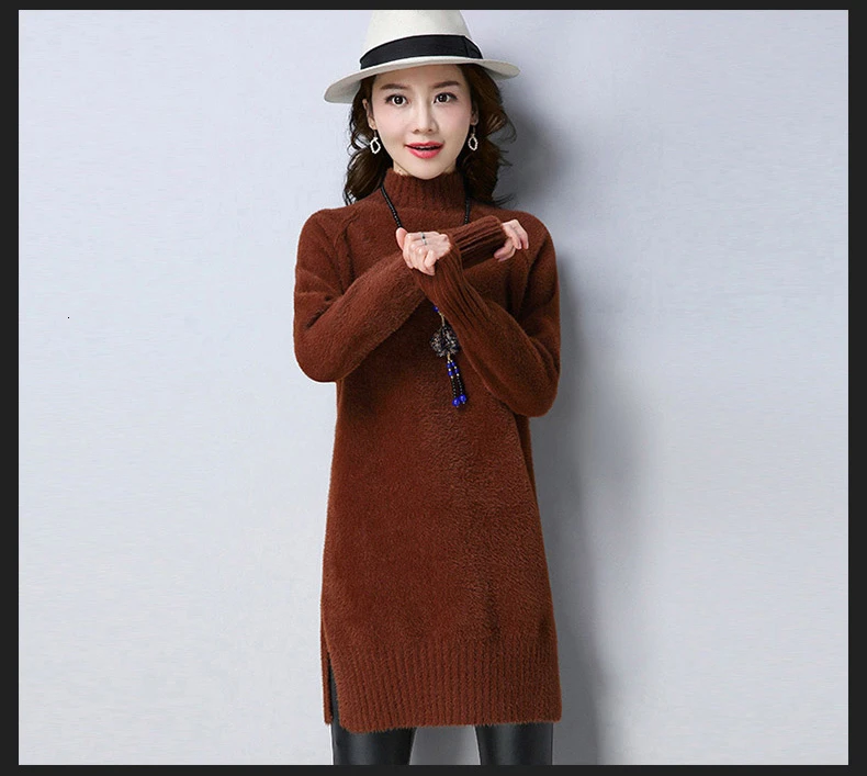 Caramel color Норковый шерстяной свитер, женское осеннее зимнее пальто, женский толстый длинный свитер с высоким воротником, корейский Модный повседневный вязаный свитер для женщин, XL - Цвет: Caramel color
