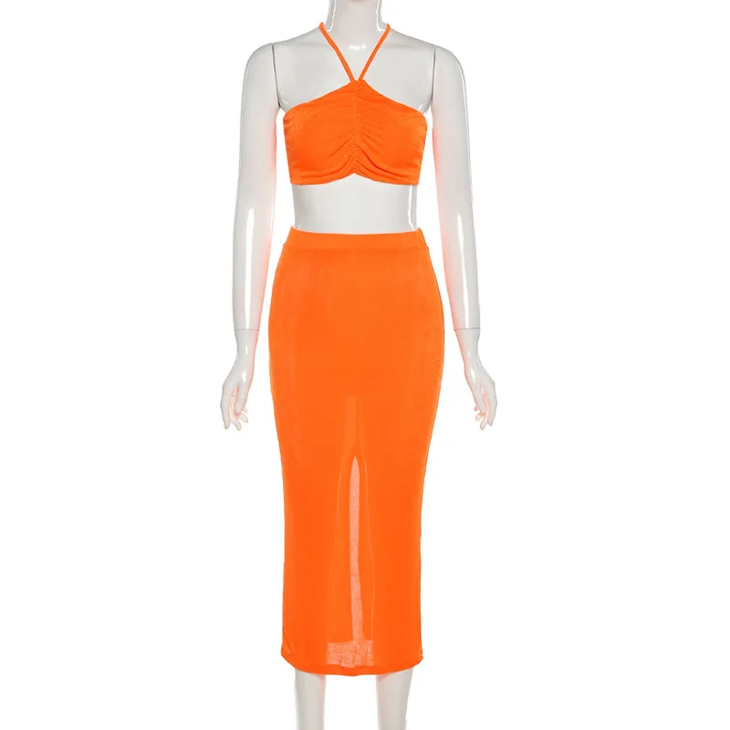 Halter Crop Top And Skirt Set Sexy Women Outfits Summer Dress Sets Cami Top Two Piece Set Skirt Elegant Party Club Outfits