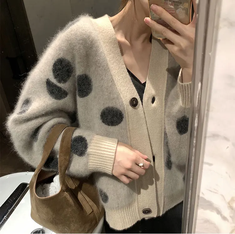 apricot Модный женский вязаный кардиган в горошек для женщин, свободный свитер с v-образным вырезом, куртка в Корейском стиле, повседневное осенне-зимнее пальто Mujer - Цвет: apricot