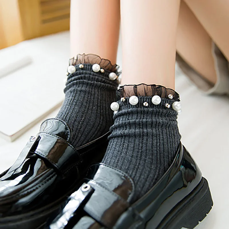 Женская Блестящая жемчужина, кружевные носки, модные женские блестящие однотонные носки, милые красивые носки с заклепками для девочек на весну и осень