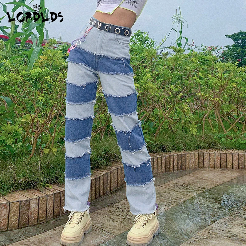 LORDLDS-pantalones de mezclilla desgastados para mujer, Jeans largos holgados con parches de costura, pantalones de cintura alta estilo Hip hop - AliExpress de mujer