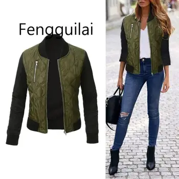 

FENGGUILAI New Classic Green Black Jackets Zipper Women Female Zipper Solid Color Front Pocket Warm Casual Cotton Autumn Coat