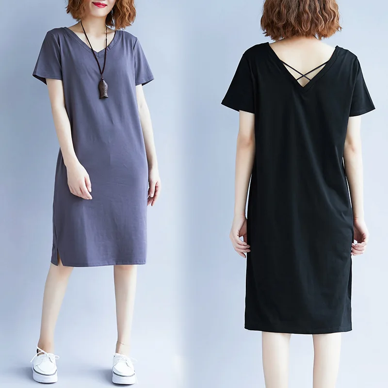 

R Hot Sales Spring Summer Simple Short Sleeve V-neck Casual Large Size Dress Base Dress