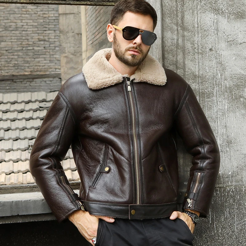 New Mens Sheepskin Shearling Jacket Brown Leather Jacket Slim Fur Coat Short Motorcycle Jacket Thicken Wool Coat