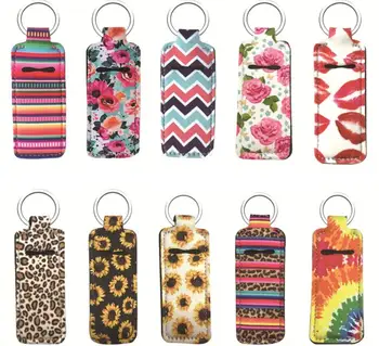 

Neoprene Rectangle Keychains Marble Stripe Printed Chapstick Holder Sunflower Key Ring Lipstick Holders Keychain Gift SN3095