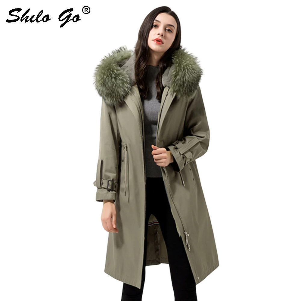 

Fur Parkas Army Green Real Raccoon Fur Collar Hooded Warm Rabbit Fur Lining Long Coat Women Winter Casual Thermal Padded Outwear