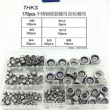 

170Pcs 7 Sizes 304 Stainless Steel Nylon Lock Nut Assortment Kit M3 M4 M5 M6 M8 M10 M12 Nylon Insert Locknut