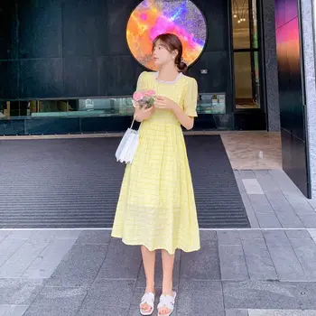 

COIGARSAM Plaid Women Long dress New Summer High Waist Dresses Milk Yellow 9095