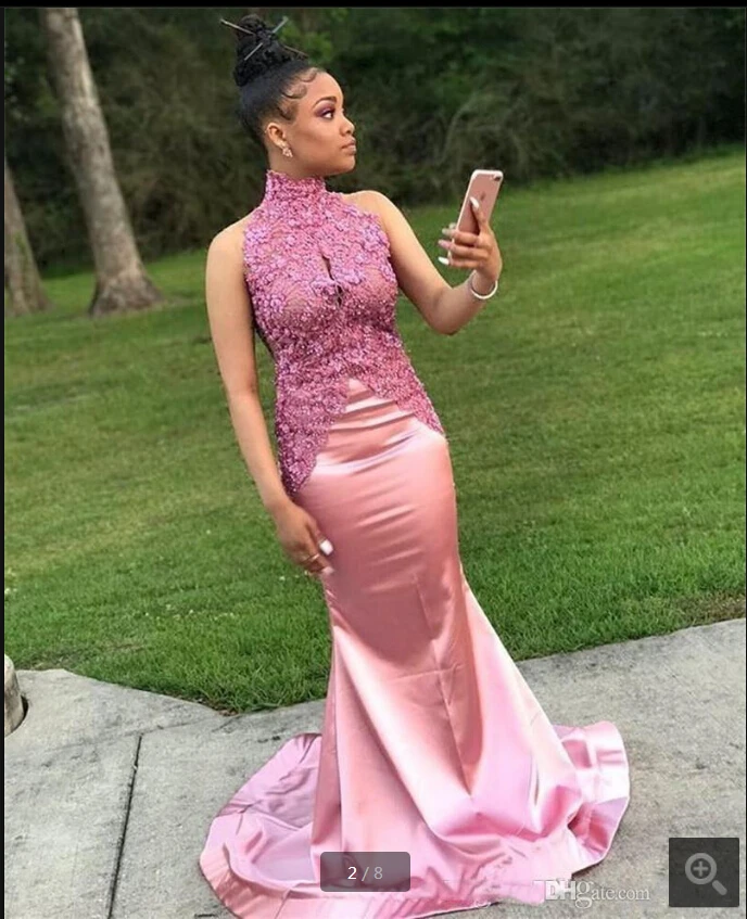 

2020 robe de soiree pink lace mermaid prom dress beaded appliques sleeveless high neckline elegant prom gowns evening party gown