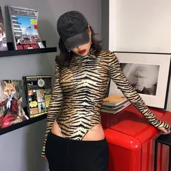 Модный боди с леопардовым принтом для женщин, сексуальный облегающий боди, Женский костюм с высоким воротом, боди с длинным рукавом