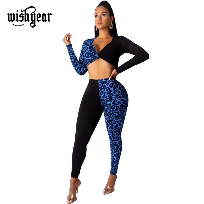 

Wishyear Sexy Leopard Patchwork 2 Piece Set V Neck Long Sleeve Crop Top Pencil Pants Sexy Night Club Suit Tracksuit