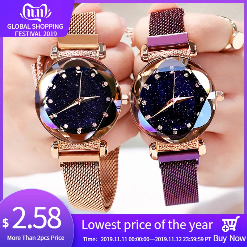 

Luxury Diamond Rose Gold Women Watches Fashion Ladies Starry Sky Magnetic Watch Casual Mesh Steel Rhinestone Female Wristwatch