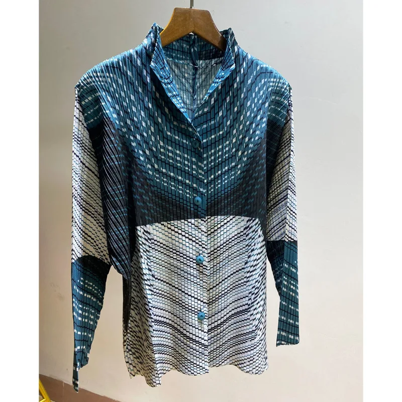 Женские рубашки больших размеров, весна и осень, эластичные, Miyake, плиссированные, в полоску, со стоячим воротником, однобортные, реглан, рукава, кардиганы