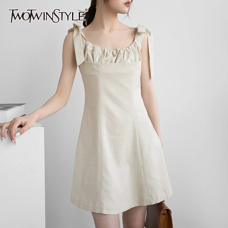 TWOTWINSTYLE Elegant Summer Dress Women O Neck Sleeveless Apsghetti Strap Lace Up Bownot High Waist Mini Dresses Female 2020 New TWOTWINSTYLE Elegant Summer Dress Women O Neck Sleeveless Apsghetti Strap Lace Up Bownot High Waist Mini Dresses Female 2020 New