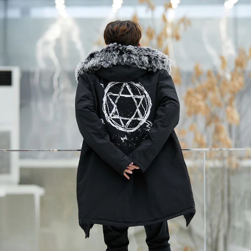 Najtaniej 2019 nowy zima długi Style ciepła kurtka mężczyzn grube dorywczo drukowane Streetwear mężczyźni Parka Hombre z kapturem kombinezony męskie znosić LBZ139