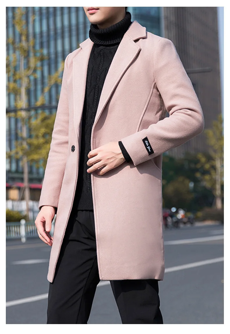 Для Мужчин's длинная куртка осень-зима Slim Fit Тренч для Для мужчин модные Повседневное ветровка пальто из шерсти и синтетического волокна