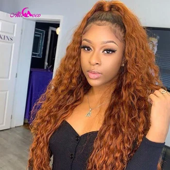 

Ali Coco 13x4x1 Water Wave Human Hair Wigs 150% Orange Ginger Color Brazilian Remy Water Lace Front Wigs Pre Plucked For Women