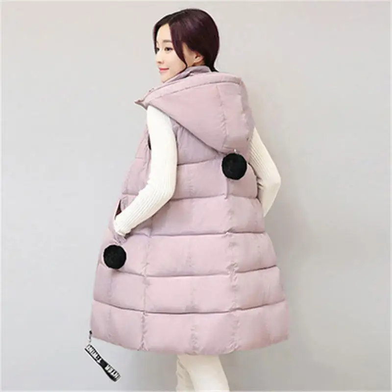 Пуховый женский хлопковый жилет, осенний зимний теплый жилет с капюшоном, женский жилет, пальто большого размера, однотонный Повседневный жилет без рукавов для женщин Q2103 - Цвет: Pink Vest