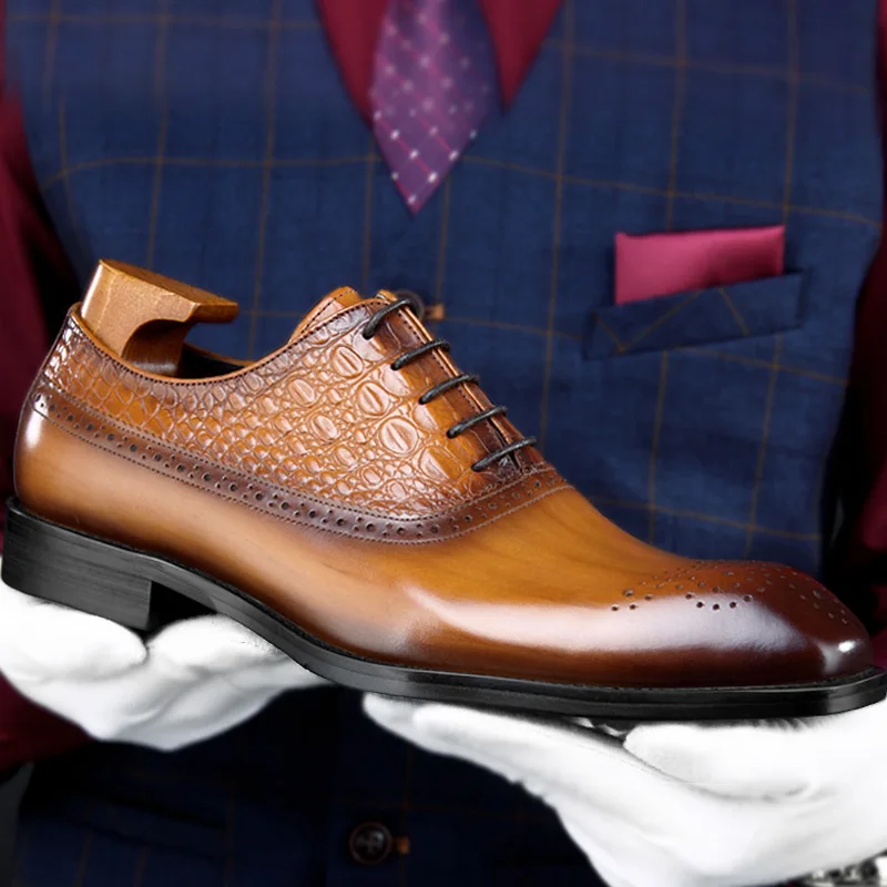 Man Brown Shoes Летние мужские дышащие свадебные туфли-оксфорды ручной работы из натуральной кожи; мужские туфли с квадратным носком на каблуке; модельные вечерние туфли для мужчин; HKN193 - Цвет: Man Brown Shoes