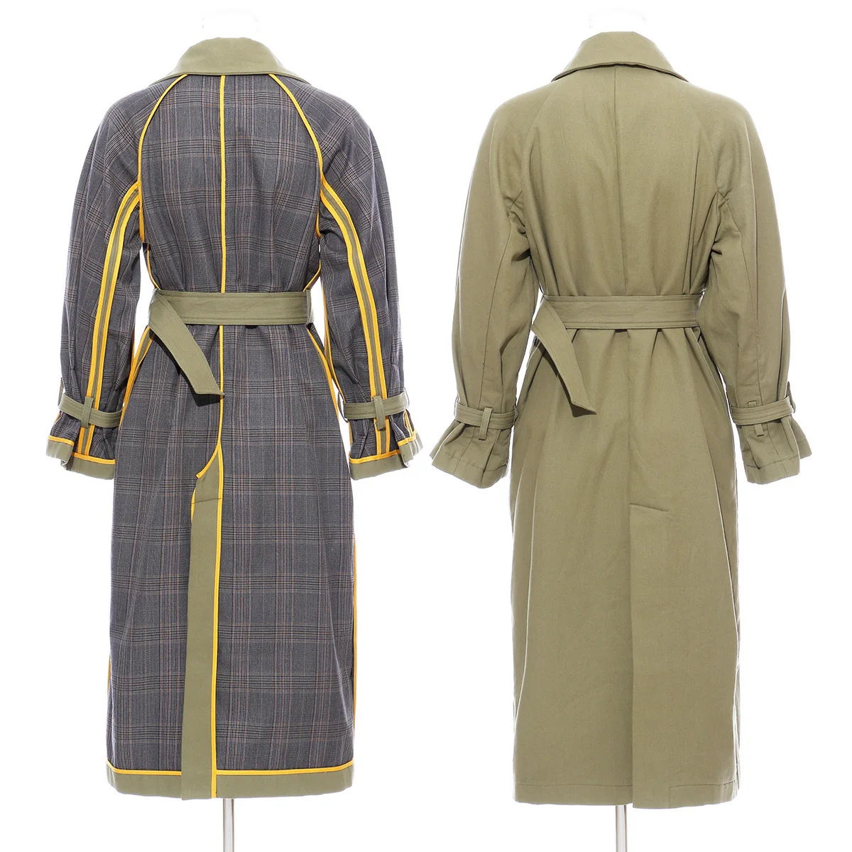 TVVOVVIN Personality Both Row Buckle Patchwork Hit Color Lattice Can Both Sides Clothes Long Fund Windbreaker Loose Coat ZX122