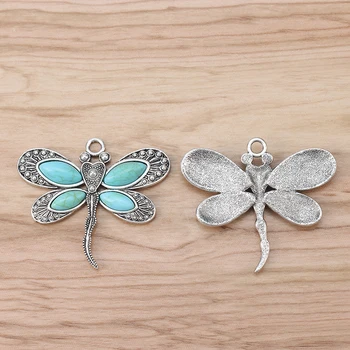 

2 Pieces Silver Color Large Dragonfly Charms Pendants with Faux Turquoise Stones for Necklace Jewellery Making Findings