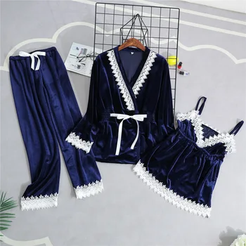 

Novelty Lace Female Sleep Suit Homewear Autumn Winter Nightgown Sleepwear Lingerie 3PCS Pajamas Set Bathrobe Nightwear