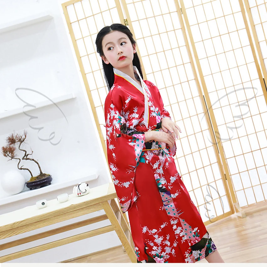 Восточный, Азиатский, детское японское кимоно для девочек, платье, традиционные костюмы, Haori Yukata Павлин, роскошный атласный халат, пижамы