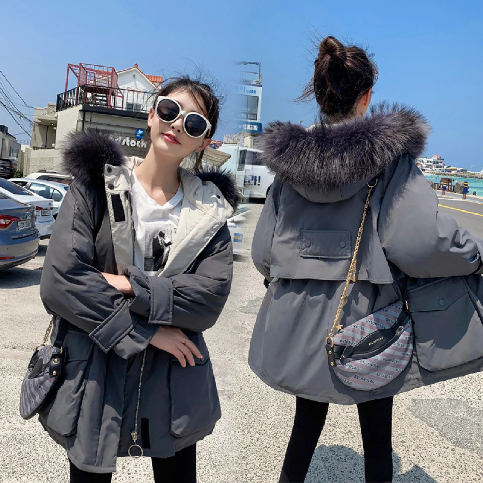 

Photo Shoot New Style down Jacket Women's Korean-style Army Workwear Drawstring Waist Hugging Mid-length Cotton Coat Online Cele