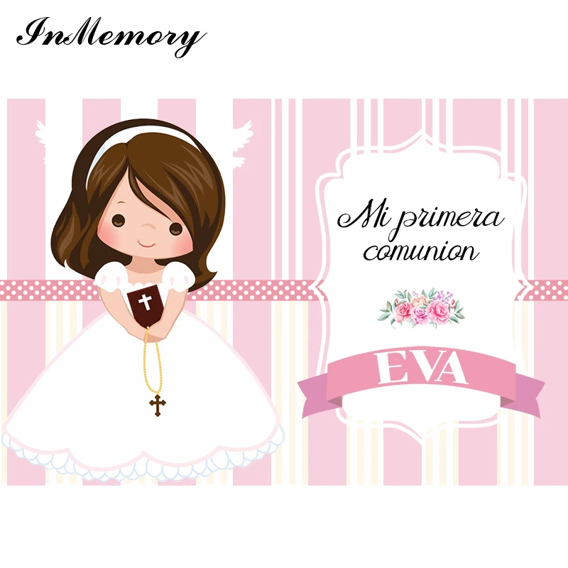 Inmemory Mi Primera Communion Backdrop Pink White Girls Baptism First Holy Communion Party Photography Background Customized