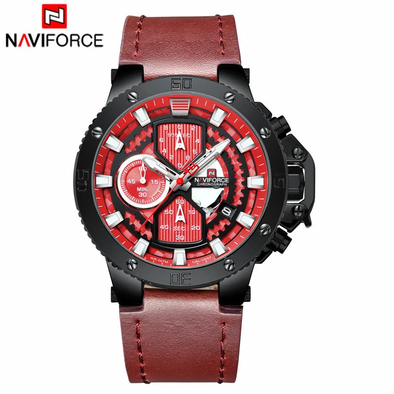 Black Red NAVIFORCE модные часы для мужчин спортивные кварцевые часы кожа для мужчин s бизнес Топ бренд класса люкс оранжевый водонепроницаемые часы Relogio Masculino - Цвет: Black Red