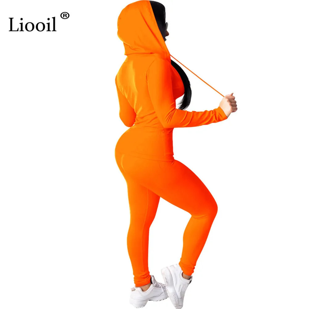 Liooil неоновая зеленая Оранжевая женская одежда из двух частей спортивный костюм осень с длинным рукавом с капюшоном на молнии Толстовка Спортивные штаны комплект