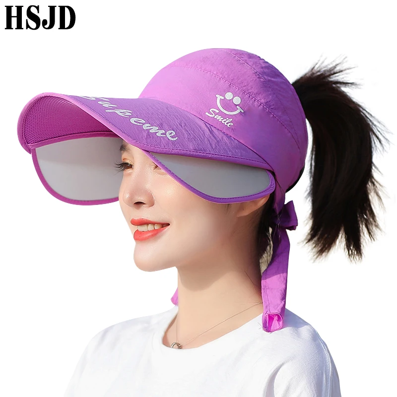 

Summer Women's Sun Visor Hats Widen Brim Retractable Ponytail Baseball Cap Adjustable Anti-UV Beach Sports Female Empty Top Caps