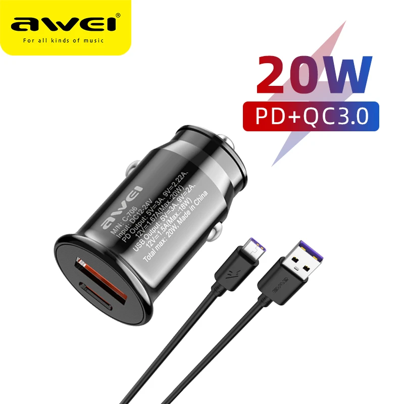 Awei 20W Car Charge Quick Charge 4.0 3.0 USB C Car Charger  Mobile Phone QC4.0 QC3.0 Type C PD 3.0 Fast Car Charging for Huawei car type c charger