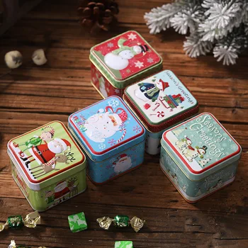 

Lovely Christmas Cartoon Storage Candy Tin Box Metal Square Shaped Candy Jar Tea Storage Organizer Box Xmas Tree Decor Kid Gift