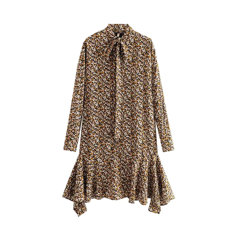 

2020 Spring WOMEN'S Dress New Products French Versatile Long Sleeve Irregular Vintage Floral-Print Dress Mid-length Skirt