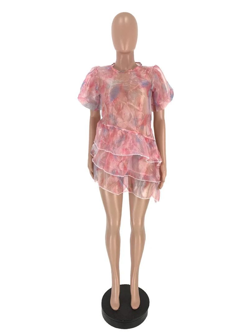 Adogirl платье-торт из прозрачной сетки с принтом «Tie Dye», пышные рукава, каскадные оборки, мини платья для вечеринок, женские повседневные наряды Vestidos