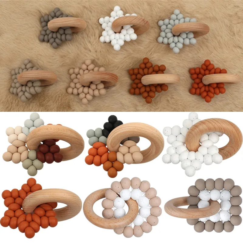 Food Grade Silicone Beads Baby Teether Beech Wood Ring Teething Newborn Bracelet Play Gym Montessori Baby Toys