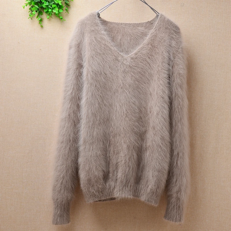 

winter bottoming sweater angora rabbit knitting v-neck long sleeves basic pullover blouses knitwear sweater lady's clothes