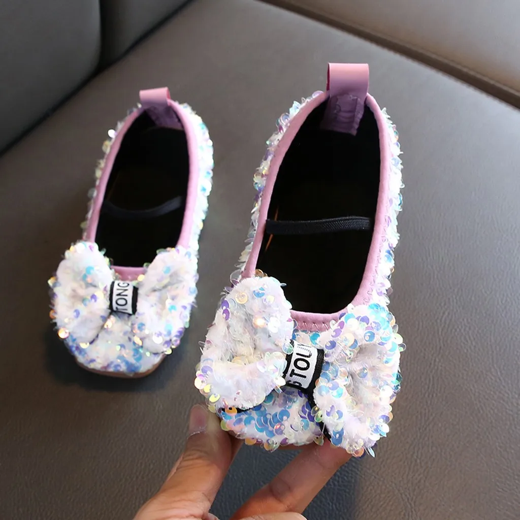 Girls Princess Bow Shoes Children Infant Bowknot Bling Sequins Single Princess Shoes Kids Baby Girls Leather Halloween Shoes#BC