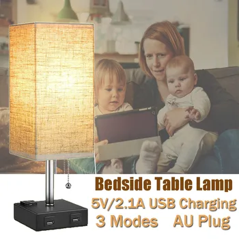 

60W Modern Design Bedside Square Table Lamps with Dual USB Charging Port Wood Base Fabric Nightstand Light Bedroom Lighting