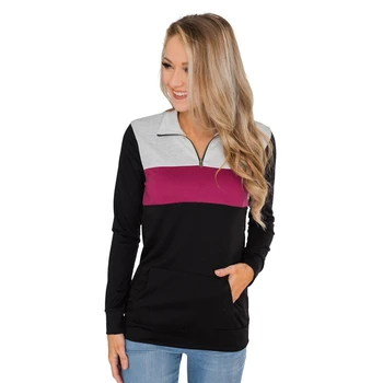 

Women Sweatshirt Collar Color Block Zip Long Sleeve Autumn Patchwork Pocket Casual Tunic Pullover Tracksuit