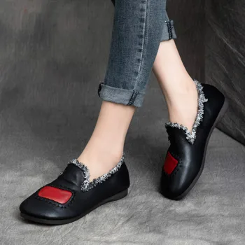 

Loafers Women Leather Autumn Shoes for Women Black Soft Flats Genuine Leather100 Women Lazy Shoes Slip ON Handmade Flats Retro