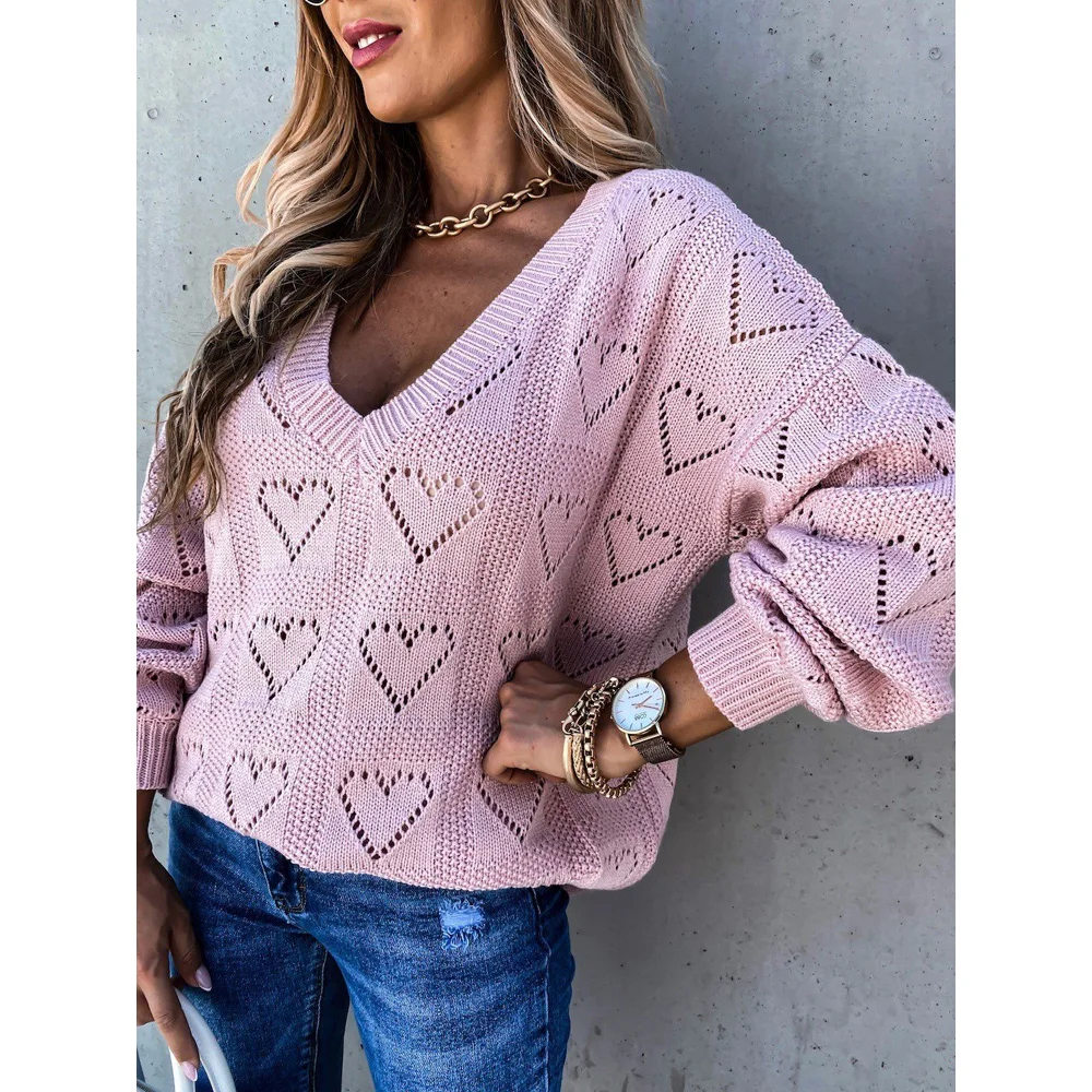 

Heart Sweater Women's V neck Cutout Knitted Jumper Pullover Ladies Sweater Hollow Out Pullovers Streetwear V-neck Femme Tops