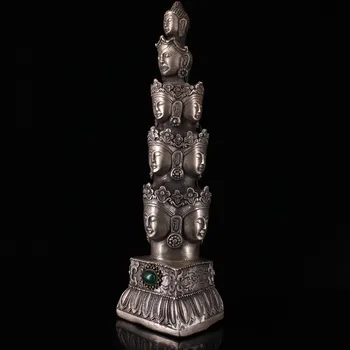 

wedding decoration Tibetan monastery old copper handmade eleven-faced Buddha head inlaid with gilt silver Buddha Head Pagoda