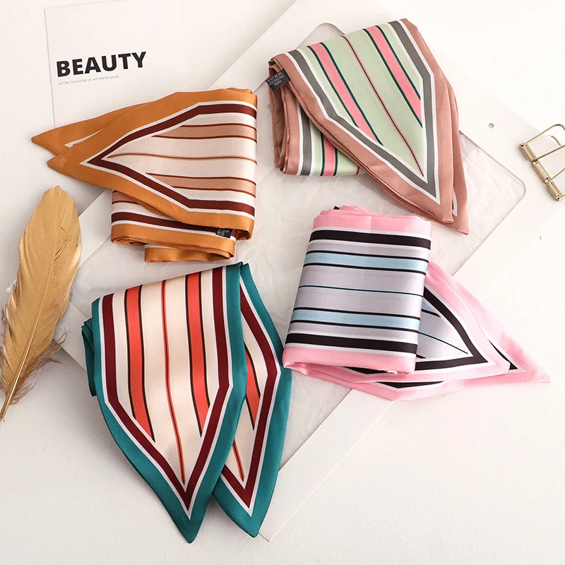 Sweet Love Print Women Small Silk Scarf Handle Bag Ribbons Female Head Scarves Sharp angle Green 90*10cm