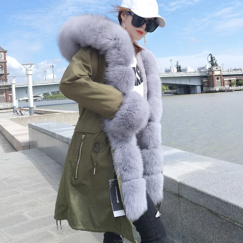 Luxury big fox fur collar hooded Warm winter jacket for 40 degree winter coat women parka Real Fox Fur Collar Cuff Hooded Coat