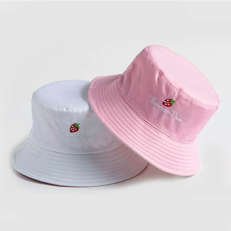 Hot Sale White Bucket Sun Hat Cute Strawberry Embroidery Alphabet Girl Fisherman Hat Ladies Foldable Outdoor Basin Hat M88