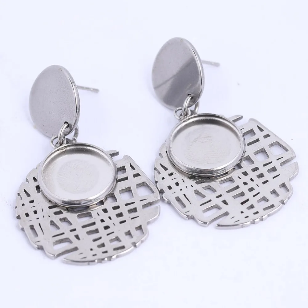 10pcs Stainless Steel Hollow Circle Charm Earring Base Blanks 12mm Cabochon Setting Trays Diy Post Earrings Finding Supplies